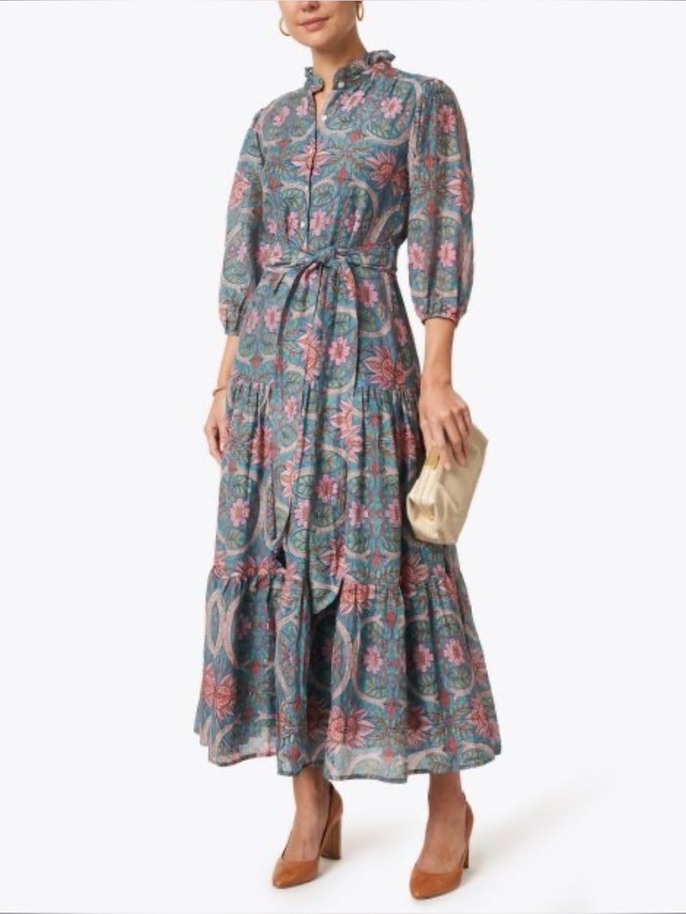Oliphant NWT Teal and Pink Long Sleeve Maxi Dress Size XS Monaco Print